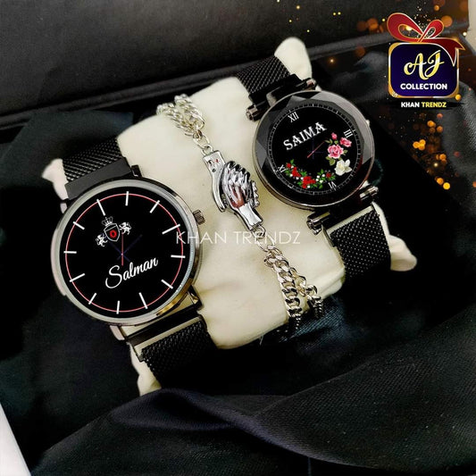 "Customized Couple Watch & Bracelet Set with Magnetic Chain Straps – Available in 3 Colors, Includes Gift Box – Perfect for Personal Use and Special Gifts"